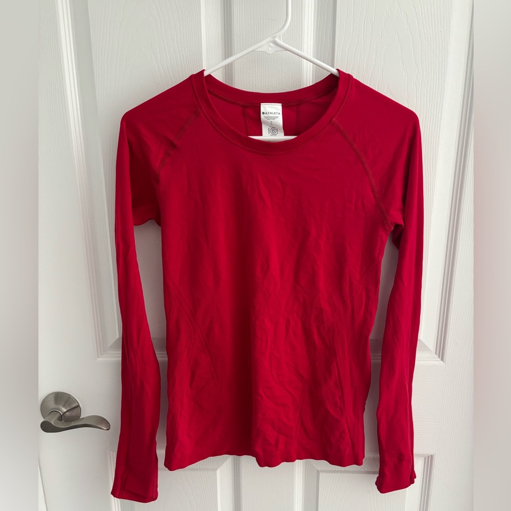 Athleta Momentum Seamless Long Sleeve Workout Top Red Running Yoga - Picture 2 of 5